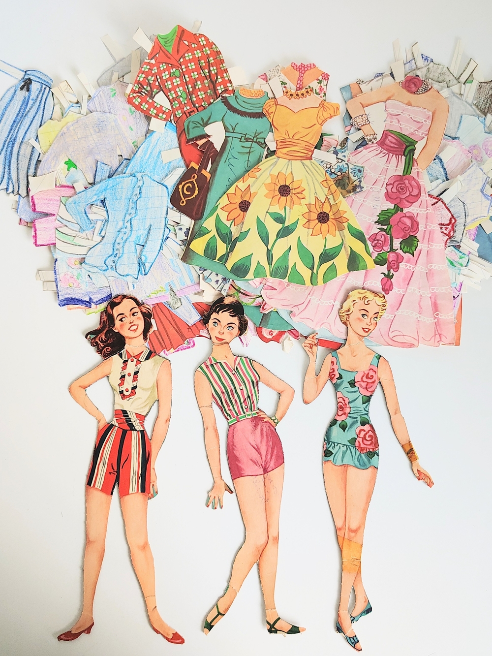 1950s Vintage Paper Doll Set Of 3 Girls With Cut Out Clothes